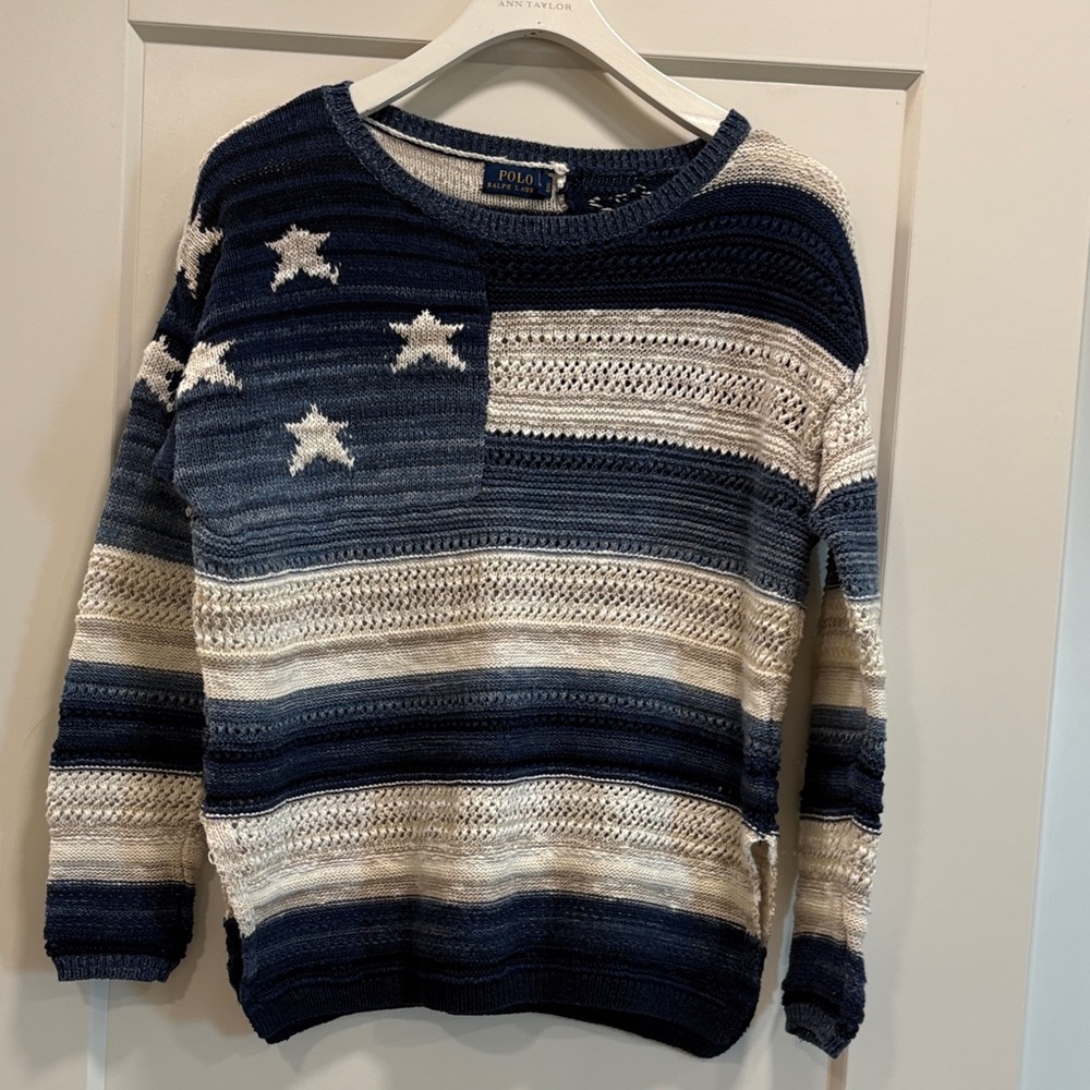 Ralph Lauren Polo Cotton/Linen Blend Blue Stars & Stripes Sweater—BEAUTIFUL!! S